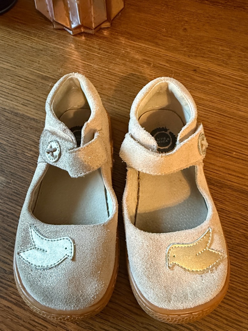 Livie & Luca Rose Gold Suede Mary Jane Shoes with Bird Applique